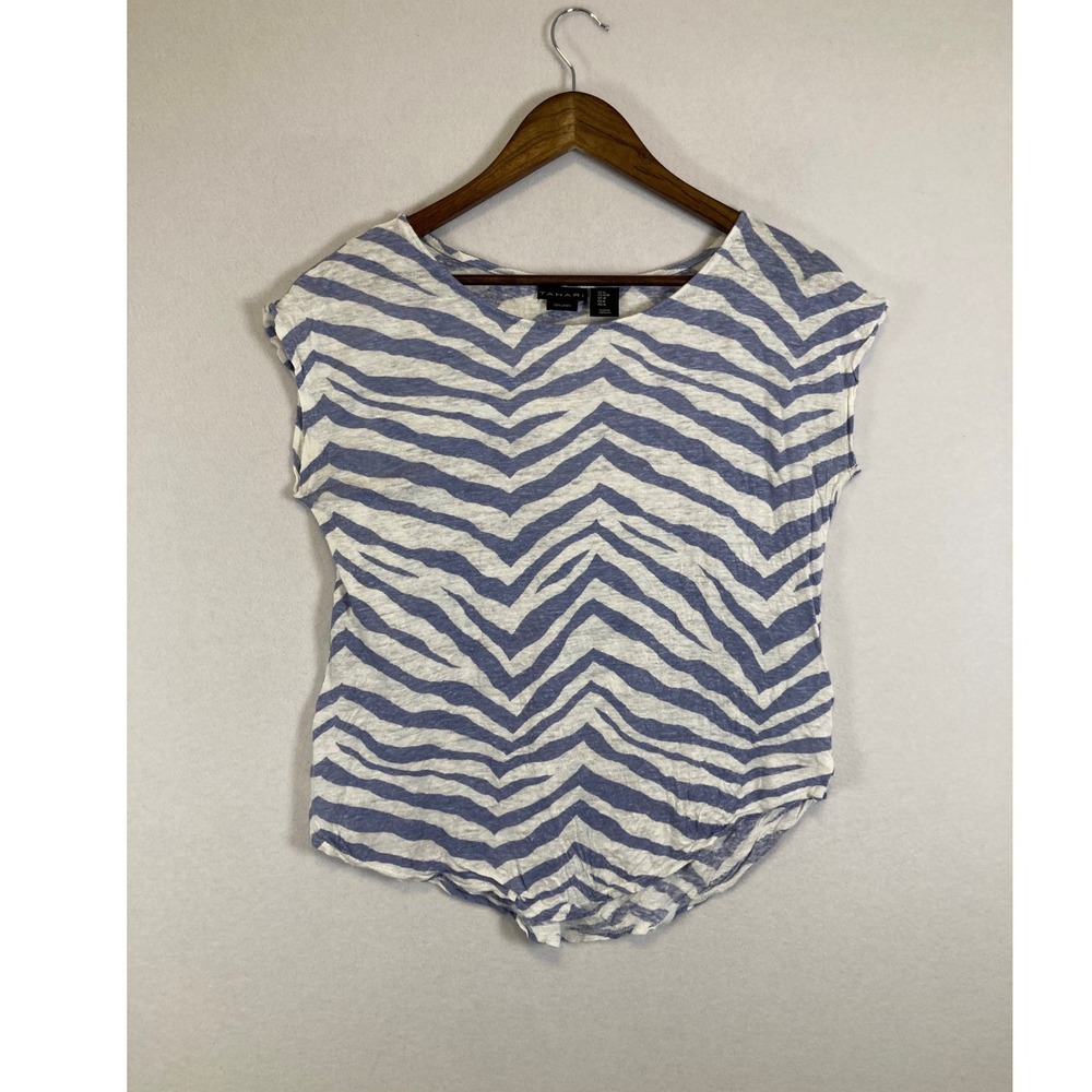 Coastal Zebra‎ Tahari Medium Blue White 100% Linen Cap Sleeve Scoop Neck Top